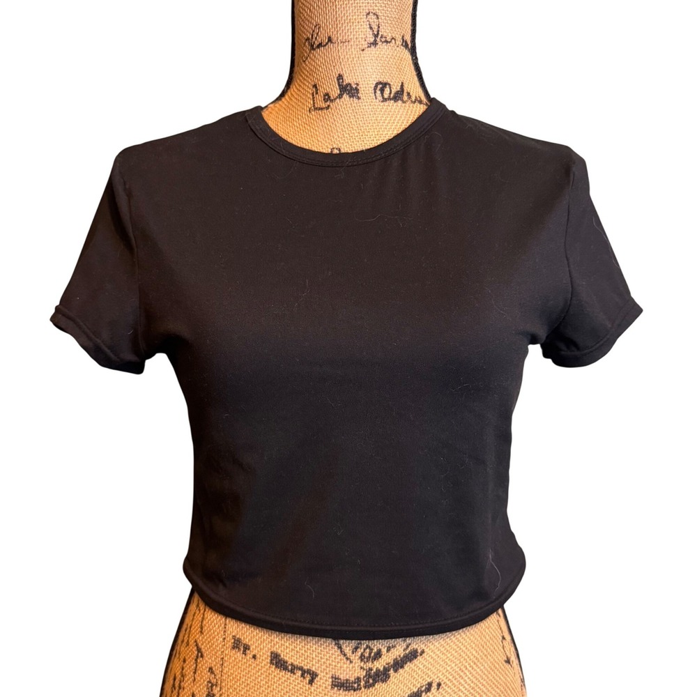 Womens Black Short Sleeve Crew Neck Crop Top Slim Fit Basic Baby Tee Small